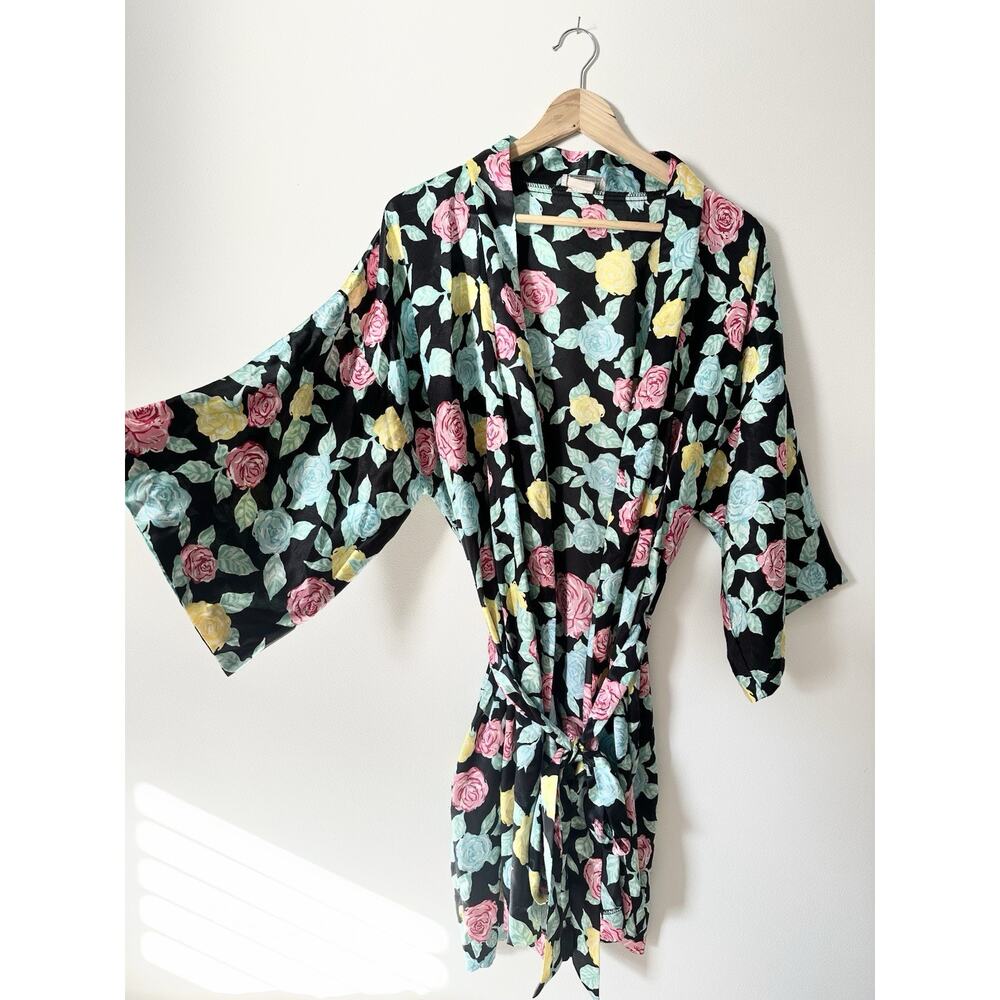 Vintage 90’s Size Large Silky Satin Black Floral Short Robe